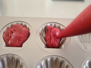 8、圣诞玛德琳,将两个颜色的蛋糕糊分别挤入烤盘。