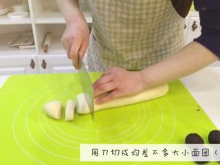 3、宝宝辅食：宝宝版豆沙面包卷-12M+,8、把发酵好的面团简单排气，搓成长条，用刀切成差不多大小的面团，每份大概30g左右，面团大小自己控制，面团大豆沙馅也相应多一点，小朋友吃小芽做得比较小的哈。