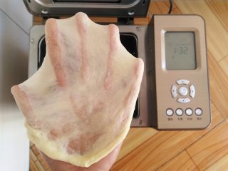 2、椰蓉面包卷,和面完成,拉一个手套膜