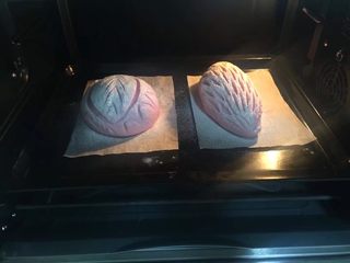 21、火龙果汁软欧包,烤箱180度提前预热10分钟，放入烤盘转170度下层上下火烘烤25分钟后取出即可。