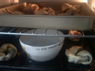 22、豆沙面包圈—改良版(10个)????,放入烤箱发酵，一个小时放一杯水。