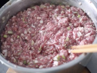 10、功夫私房菜,心机豆腐 ,肉馅是包包子的时候准备好的,牛肉馅加水搅拌稀释,加大葱,盐,十三香,食用油搅拌均匀。