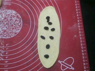 12、全麦黑提面包,取一个面剂擀成长条状，撒黑提干