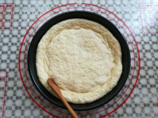 11、缤纷水果披萨,发酵完成，用小勺子推出披萨的边缘