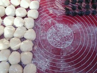 5、玫瑰面包,从碗中取出面团排气，分剂16个，揉圆，盖保鲜膜松弛15分钟，馅料分成每个10克共16个