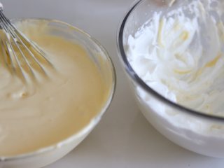 10、鲜橙方块大蛋糕,再取一部分蛋白霜和蛋黄盆中，翻拌匀，之后倒入蛋白盆中，翻拌到细腻的蛋糕糊。