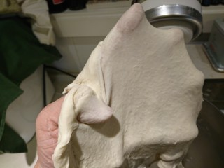 14、英式滿福面包,確認！雙手拿面團加以拉伸，直到面團變透明但能看見手指都不破裂就完成了！
