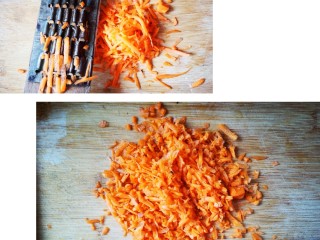 2、百变水果 秋梨鸡蛋饼,胡萝卜用刨丝器刨成丝，再切丁。