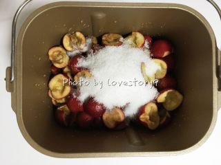 2、风车果丹皮,放入面包桶,加水加糖。