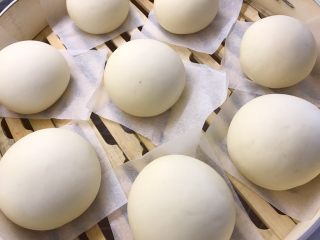 14、松软奶香白馒头,将面团揉圆放入垫好吸油纸的蒸笼内进行二次发酵