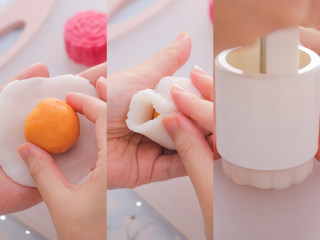 5、粉嫩软萌又低脂的冰皮月饼,既解馋又不胖!,将面团擀圆包入红薯馅收口揉圆,放入月饼压花模具内,压成月饼形状。