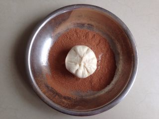8、仿真蘑菇包,将光滑的一面放入到装有可可粉的盘里,使表面和侧面都沾上可可粉