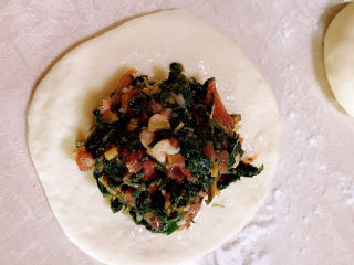 11、荠菜鲜肉馅饼,放入猪肉荠菜馅儿