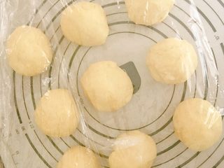 7、超级松软的牛奶小餐包,将排气了的面团分割成9份，每份70g左右，盖上保鲜膜松弛10分钟。