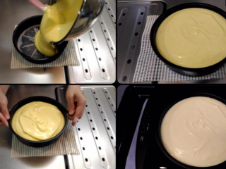 4、柳橙蛋糕,将蛋糕麵糊倒入蛋糕模,并将蛋糕模在桌上轻敲几下以释放气泡