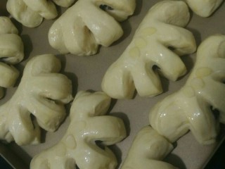 12、金黄色的花瓣雨,取出，烤箱180度预热十分钟。刷全蛋液，表面用杏仁片装饰