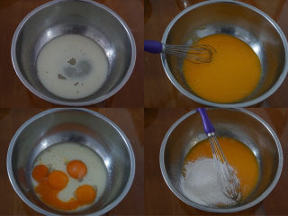 3、????网红甜品豆乳盒子蛋糕，好吃到没朋友！,首先蛋糕部分：准备一个大容器，将牛奶和油加10克的糖搅拌均匀后加入蛋黄，搅拌至颜色变浅，加入过筛好的低筋面粉，翻拌均匀。