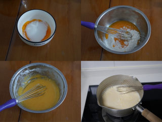 7、????网红甜品豆乳盒子蛋糕，好吃到没朋友！,制作豆乳酱：将蛋黄加糖搅拌至糖融化后加入过筛好的低筋面粉和玉米淀粉拌匀。将新鲜磨好的热豆浆慢慢倒入蛋黄糊中，并不断的搅拌。