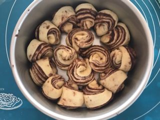9、手撕豆沙面包,一个个卷起均匀的摆入模具，8寸的活低戚风模具，模具抹一层黄油或者玉米油，我抹的玉米油还是有点粘住，着急卷忘记拍照了，是从宽的这头开始卷，