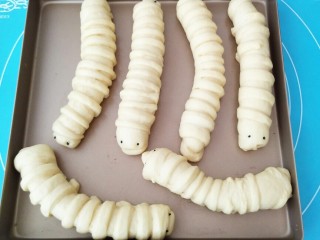 14、毛毛虫面包,发酵完成后，用黑米做上眼睛。