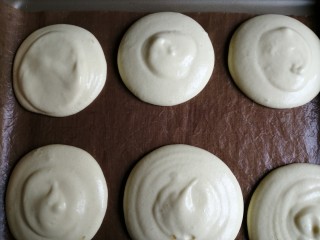 12、肉松元宝蛋糕,挤入铺了油布或者油纸的烤盘上，一共挤了6个圆形，用勺子抹平表面