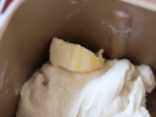 2、牛奶土司,4.加入黄油继续（夏天黄油无需软化，面包机会散热 开着盖子揉面团即可）