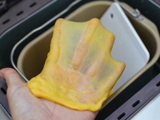 4、最爱面包+南瓜土司,继续揉面至完全扩展阶段，即可以扯出结实而透明的薄膜