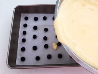 21、蓝莓无水海绵蛋糕,把调好的面糊倒入准备好好烤盘里