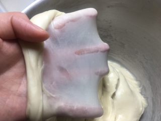 2、紫薯奶油辫子吐司（奶油直接法）,厨师机连续揉20分钟，直至完全阶段，可以拉出手套膜，加淡奶油的面团油量还是比较大的，很容易出膜