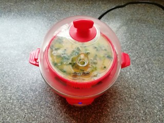 10、菠菜鸡蛋糕,盖上盖子，接通电源，看到蛋液凝固(大概需要8分钟左右)以后再蒸1分钟左右，关闭电源。
