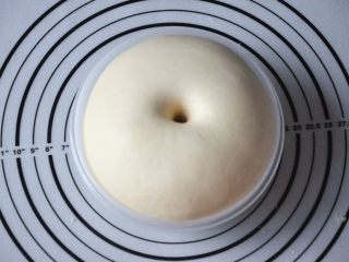 5、淡奶油椰蓉面包卷,将面团发酵至2.5倍大，用手戳一下不会反弹也不会下陷即可。