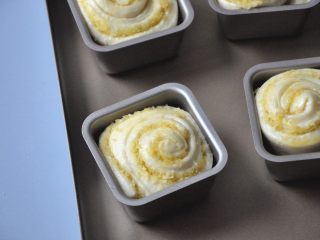 14、淡奶油椰蓉面包卷,将发酵好的面包卷生胚取出，在表面涂抹少许蛋液。