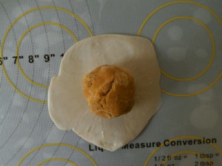 5、肉松蛋黄酥,用擀面杖稍微擀开，将蛋黄肉松放入中间