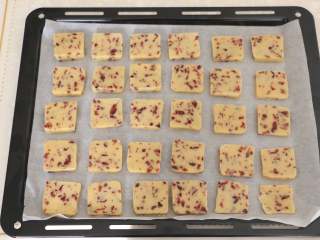 11、香酥美味蔓越莓饼干,饼干放入烤盘内,边缘留些空隙。