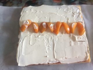 26、黄桃奶油蛋糕卷,制作的是反卷O形卷,焦色那面朝上,淡奶油抹匀,中间抹成小山丘,摆放大颗粒水果果肉。