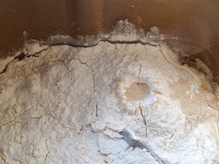 2、健康低脂 绵软拉丝厚底披萨,再放入面粉,在面粉上戳一个洞 放入酵母