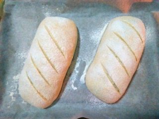 11、酸奶软欧,表面筛层面粉,用刀片割口;