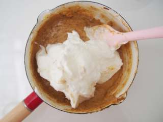 11、蔓越莓红枣糕,剩余的蛋白霜继续分两次加入蛋黄枣泥糊中，每次都切拌均匀