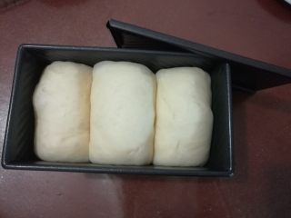 16、淡奶油柔软白吐司,面团发酵到黑金刚土司盒的八分满取出，大概40分钟左右，烤箱预热上下火165度10分钟。