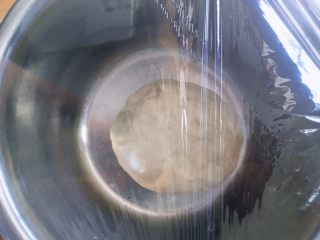 4、满屋飘香，吃过一次就爱上的椰蓉面包,将揉好的面团取出盖上保鲜膜，放置一旁发酵至两倍大