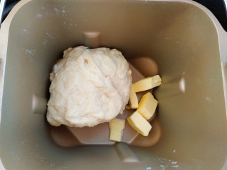 3、椰蓉牛奶小面包,揉到括展状态，放入黄油