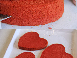 7、自带情话的红丝绒奶油蛋糕,8、 冷却的蛋糕脱模,分成均匀的3片,盖好备用(可在表面先预留薄薄的一片用于装饰)。