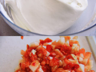 8、自带情话的红丝绒奶油蛋糕,9、 准备奶油霜:将冷藏奶油霜加入糖和朗姆酒打发至顺滑有纹路状态;草莓去蒂切小块,备用。