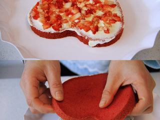 9、自带情话的红丝绒奶油蛋糕,10、 组装蛋糕:取一片蛋糕放托盘,抹一层奶油后铺一层水果,表面再抹一层奶油,接着放第二片蛋糕,同样加奶油及水果,最后盖好第三片蛋糕,最后在表面放较多的奶油,利用转盘将蛋糕均匀的抹好奶油面。