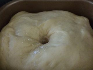 11、蜂蜜小面包,启动发酵功能进行发酵至2倍大，手指沾面粉戳面团中间，不回缩如图这样就发酵好了