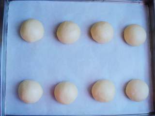 11、奶香汉堡胚,摆放在烤盘中。