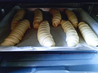 17、#甜味#毛毛虫豆沙面包,将做好的面包胚放入垫有油纸的烤盘中，并间隔距离，送进烤箱二次发酵。发酵是看约35分钟左右。