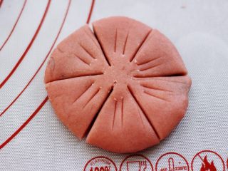 17、桃花朵朵开-桃花酥,摁扁，然后先均分为6份，注意中间不要切断，然后每一份中间切两刀短的口子。