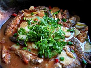 11、家乡特色美食——杂鱼炖小豆饼,熬好后，撒入胡椒粉、葱花和香菜即可关火