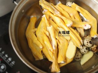 2、暴爽花甲鸭脚煲丨大嘴螺,事先将鸭脚清洗干净，把指甲祛除掉，鸭脚和鹌鹑蛋放入锅中中火加热10分钟煮熟，放些姜片可以祛除鸭脚本身带有的腥味（确实很腥）